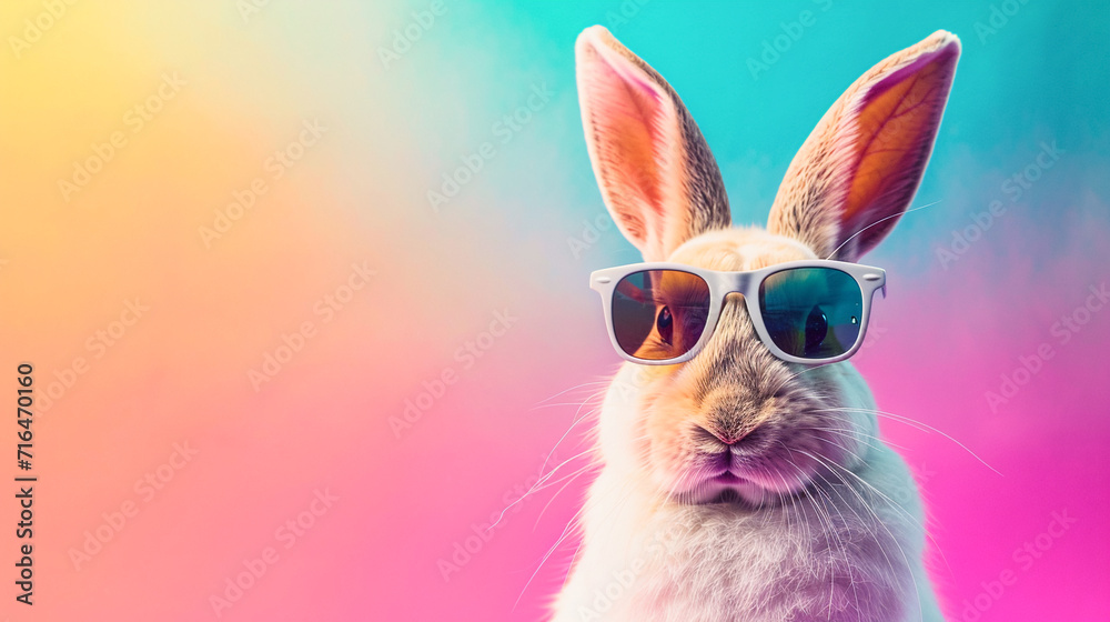 Funny Easter bunny on colourful background. 