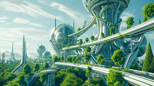 Sustainable Futuristic City Architecture. Innovative Green Design Addressing Ecology, Climate Change, Overpopulation. Smart Urban Solutions, Technology for Good, Nature, Wellness and Biodiversity  photo