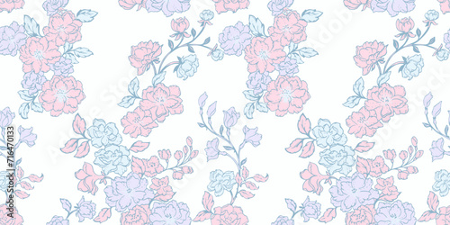 Vector hand drawn abstract, artistic, simple branches flowers seamless pattern on a light background. Pastel gently stylized lines botanical printing. Template for textile, fashion, fabric, wallpaper