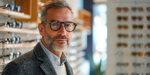 Middle aged customer man choosing pair of trendy stylish glasses