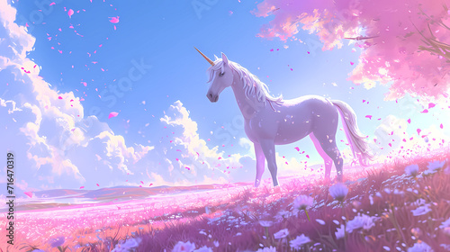 Unicorn in fairy world and rainbow sky background. Magic unicorn in fantastic idyllic landscape. © Julija