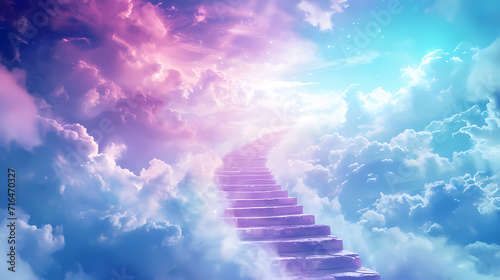 stairs to heaven in the fairytale of clouds and dreams. Steps leading up to the sun. Way to God. photo