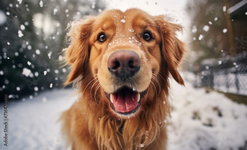 Close-Up Photo of Dog in Snow, Faithful Companion Enjoying Winter Wonderland
