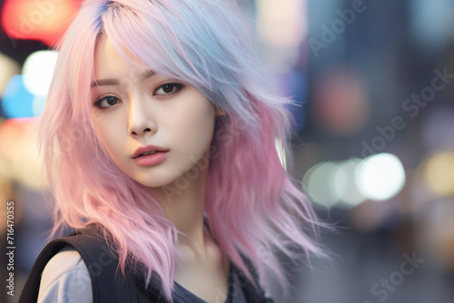 Pretty Asian woman with pastel pink and violet hair with blurry city street background © Firn