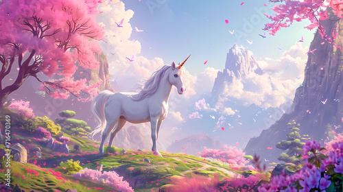 Unicorn in fairy world and rainbow sky background. Magic unicorn in fantastic idyllic landscape.