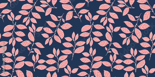 Creative, retro, orange leaves branches seamless pattern on a dark background. Vector hand drawn. Stylized simple foliage botanical printing. Template for design, textile, fashion