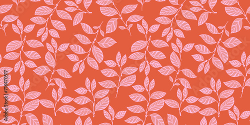 Stylized branches leaves seamless pattern on a orange back. Creative simple floral background. Vector drawn illustration shape leaf stems. Template for design, textile, fashion, print, fabric