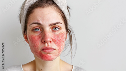 young woman with skin problem rosacea on the face. Medicine and cosmetology. rosacea skin condition. photo