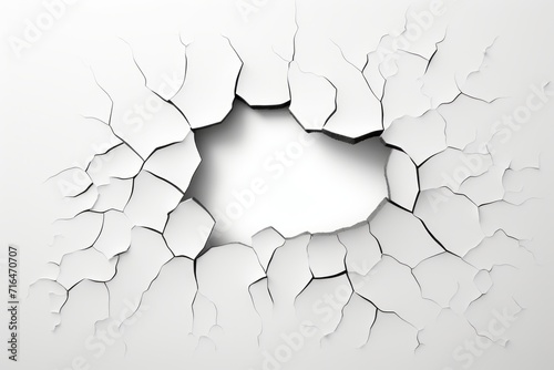 Broken hole in white wall. Abstract background. photo