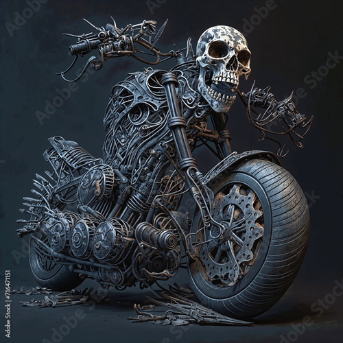 Fényképezés Bone Machine, Steel Whispers: Where Polished Skulls Grin, a Skeletal Steed Dreams of Asphalt Thunder