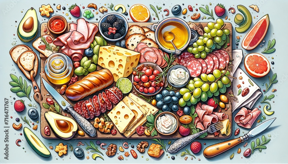 Illustration on the theme of a festive table with food