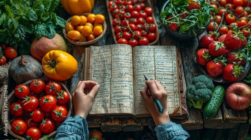 Balanced choices: Surrounded by fruits and veggies, a person jots down notes, actively creating a diverse and nourishing diet plan in a notebook. photo