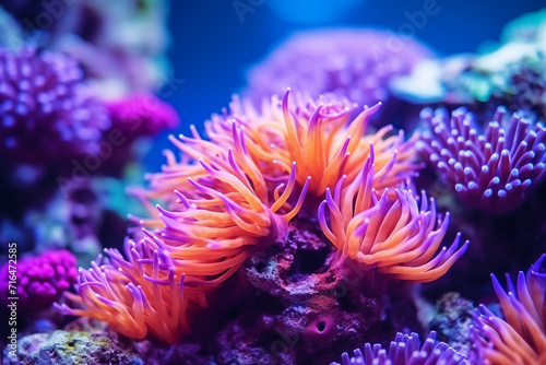 Underwater coral colony  in the sea.  Underwater scene background of beautiful coral reef with bright and colorful corals, sea anemone, actiniaria. © alesia0604