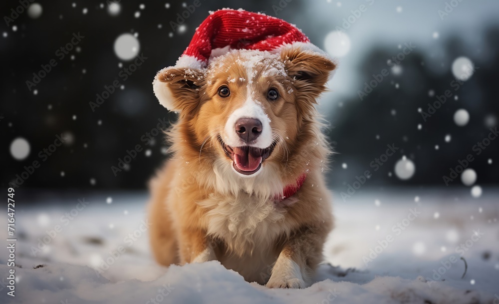 Brown and White Dog Wearing Santa Hat