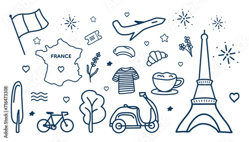 Set Paris Travel Doodle Line Art vector Illustration. Hand Drawn.  For stickers, background, card, invitation, pattern, social media. Map,  strip, coffee, moped, beret, romantic, europe, french flag.