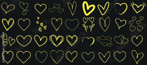 Hearts vector collection, yellow heart outline on black background. Perfect for Valentine’s Day, romantic designs, wedding invitations. Unique heart shapes, playful and whimsical