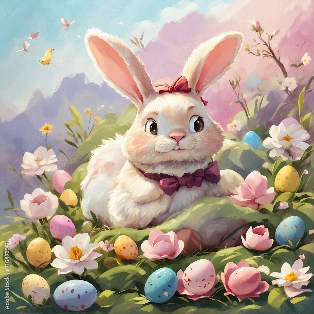 Obraz premium Easter card with Easter rabbit, eggs and flowers. AI Generated.