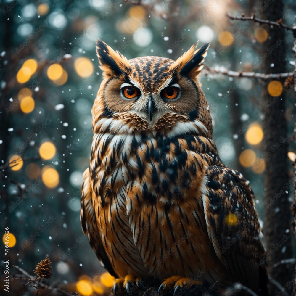 Big Owl seating on the tree in winter forest. AI Generated. Big Owl seating on the tree in winter forest. AI Generated.