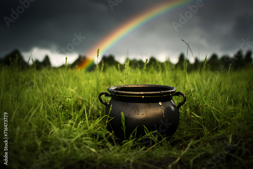 St. Patrick's day pot of gold on meadow with rainbow in background