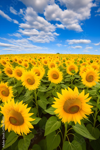 Endless Field of EF Yellow Sunflowers Under Cerulean Sky: A Panoramic Communion with Nature
