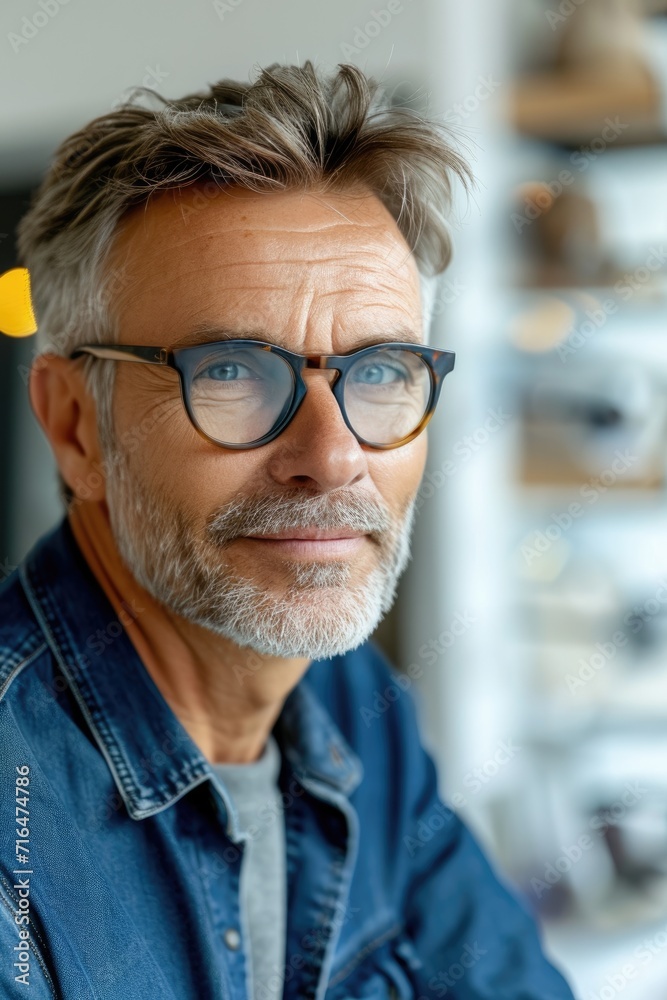 Middle aged customer man choosing pair of trendy stylish glasses Middle aged customer man choosing pair of trendy stylish glasses