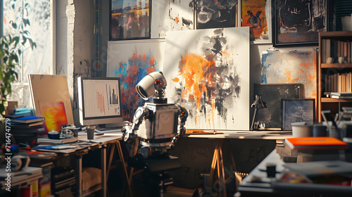 An experimental robotic artist creating a masterpiece blending AI with creative expression. photo