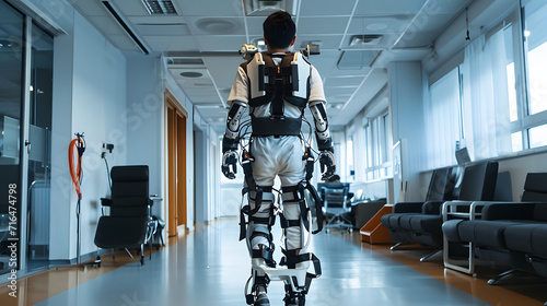 An exoskeleton robotic suit being used for rehabilitation in a medical center.