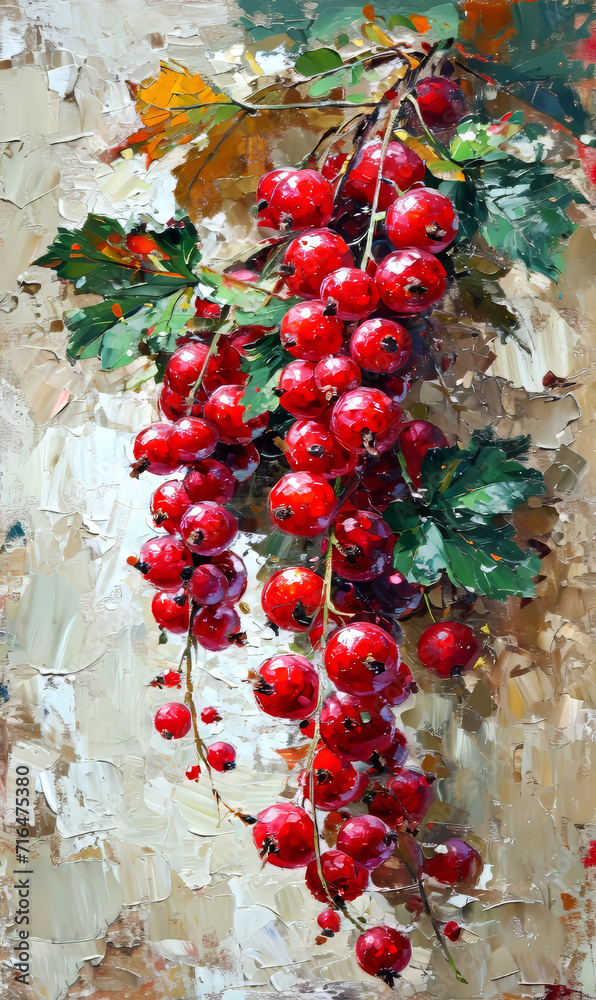 Red currant berries on a branch, oil color painting on canvas.