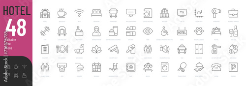 Hotel Line Editable Icons set. Vector illustration in modern thin line style hotel services related icons: room characteristics, meals, types of accommodation, cleaning, and more. Isolated on white.