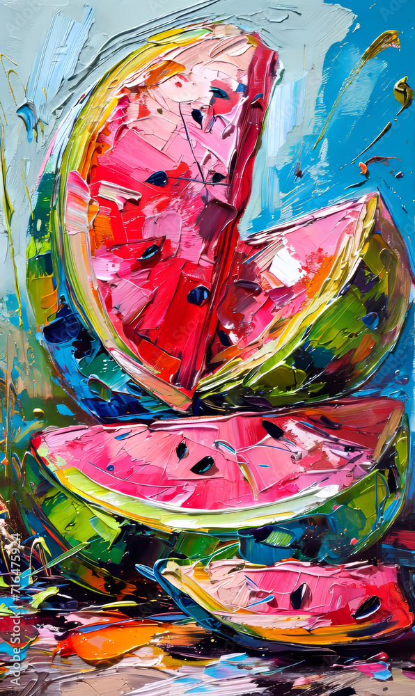 Original oil painting on canvas of watermelon. Modern Impressionism.