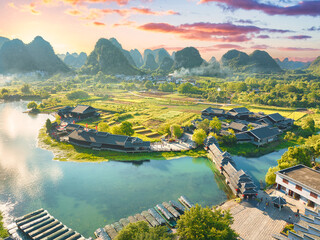 Leinwandbilder Guilin Shangri-la Gärten Yangshuo bei Sonnenuntergang  © Revive Photo Media