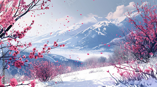 Seasonal landscapes, such as snowy mountains in winter or blooming flowers in spring. Generative AI
