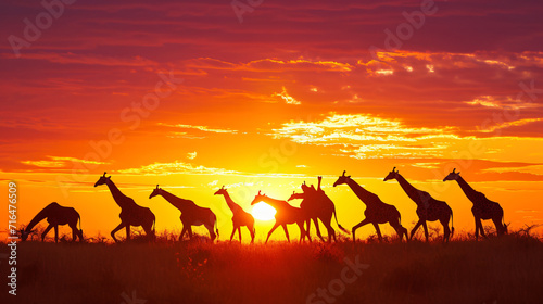 Silhouette of herd wild tall giraffes