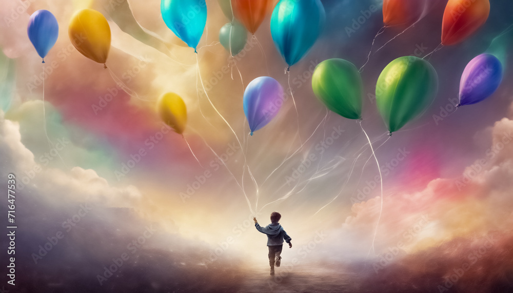 Nomi originali: Sogni Colorati- Ragazzo che Insegue Palloncini Colorati in uno Scenario Fantastico II