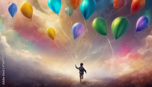 Obraz na płótnie Nomi originali: Sogni Colorati- Ragazzo che Insegue Palloncini Colorati in uno Scenario Fantastico II w salonie