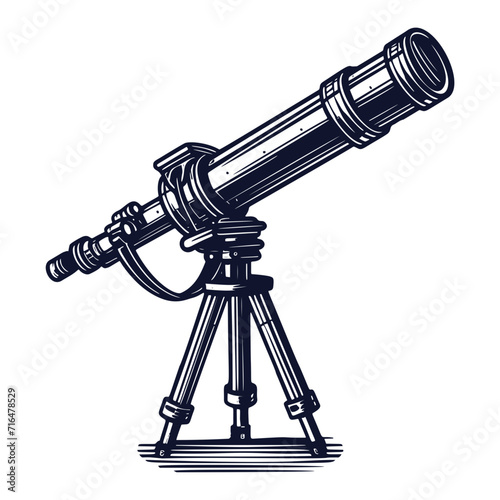 Modern portable three legged telescopes set isolated astronomer equipment cartoon icon. Vector optical device to explore, discover galaxy, cosmos, space. Telescope on tripod stand, educational tool
