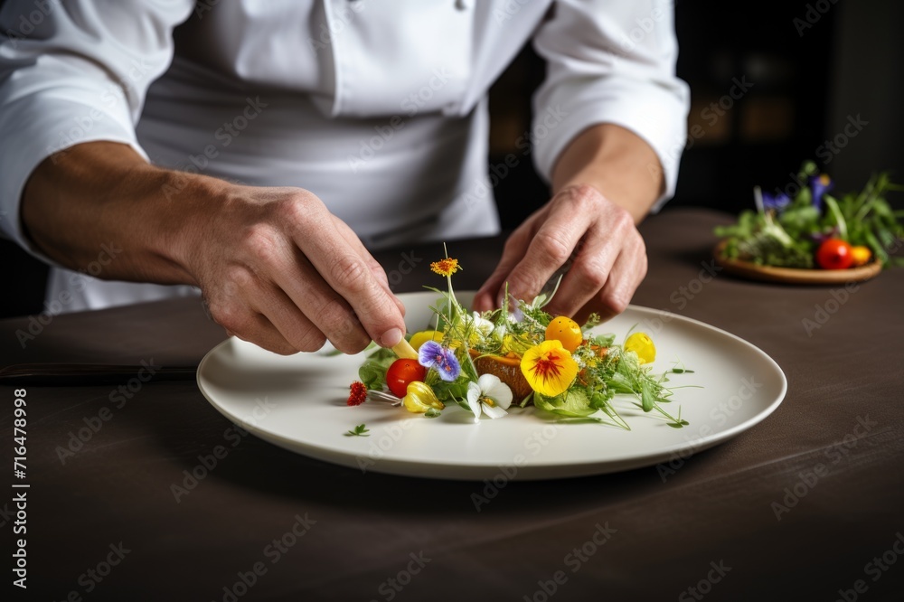 hands of a professional chef who decorates a gourmet vegetarian dish in a restaurant hands of a professional chef who decorates a gourmet vegetarian dish in a restaurant