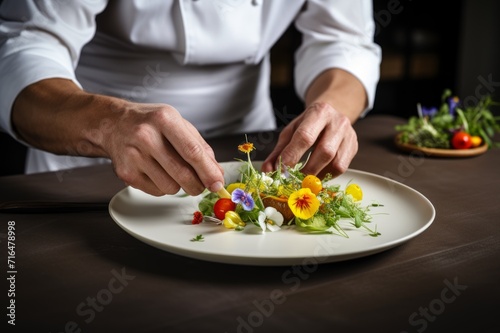 hands of a professional chef who decorates a gourmet vegetarian dish in a restaurant © Kate