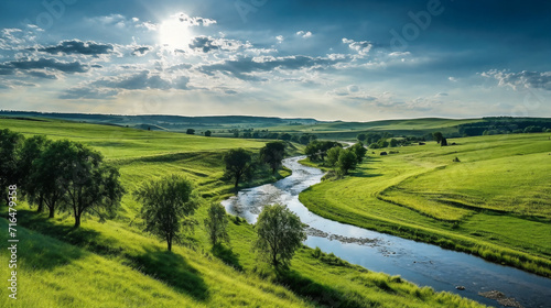 a river running through a lush green countryside under a cloudy sky with sun shining through the clouds above it, generative ai