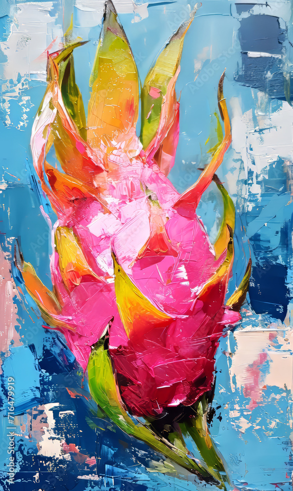 Dragon fruit on the background of an oil painting on canvas.