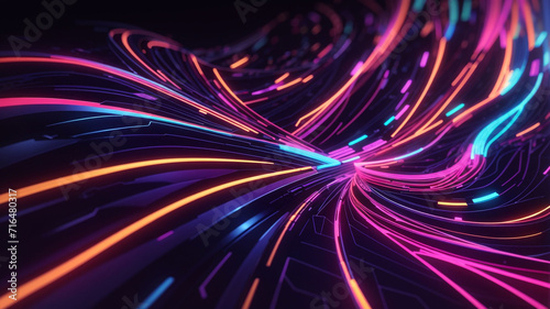 abstract futuristic background, neon glowing threads lines