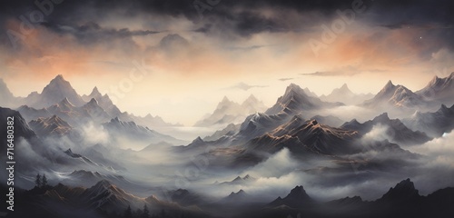 Contemporary hand-drawn mountains with a misty, ethereal quality against a muted twilight sky