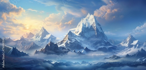 A majestic mountain range with seamlessly blended layers of snow-capped peaks