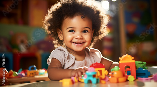 Cute handsome African American baby playing with educational toys in children's room