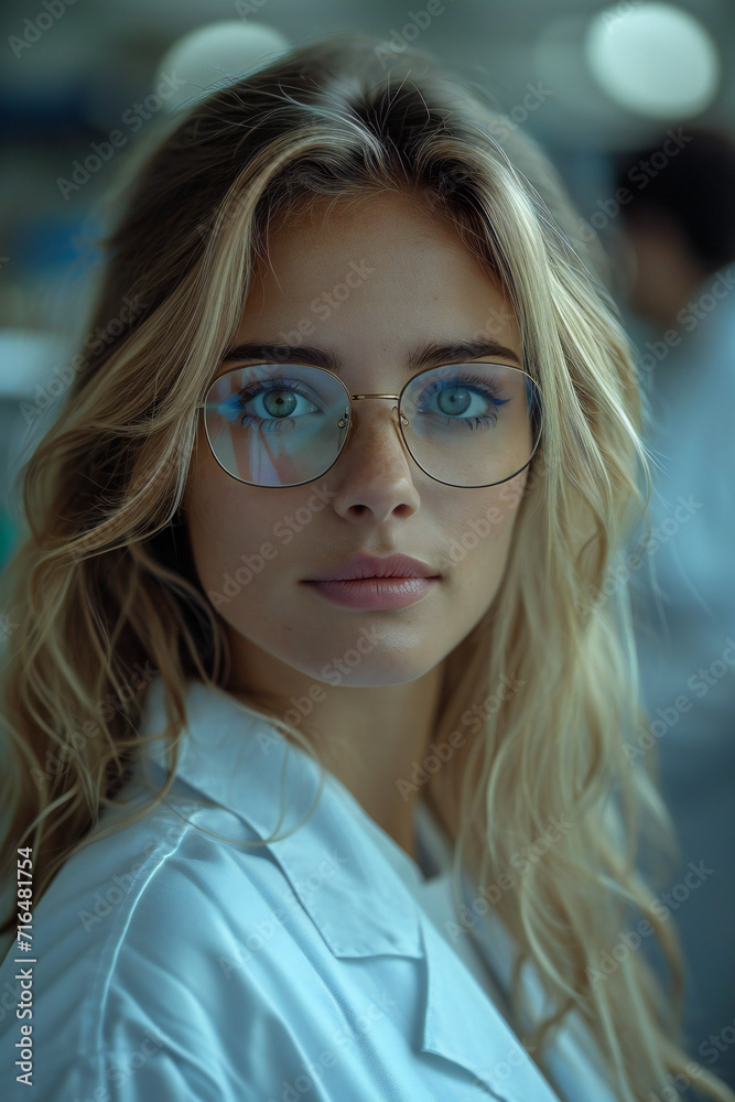 Portrait of a beautiful smiling young woman scientist wearing white coat and glasses in modern Medical Science Laboratory with Team of Specialists on background Portrait of a beautiful smiling young woman scientist wearing white coat and glasses in modern Medical Science Laboratory with Team of Specialists on background