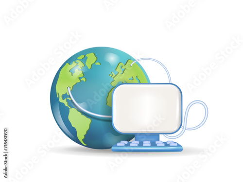 Computer with Internet connection, global business network,
 digital technologies, social network interface, global connect. 3d vector image.