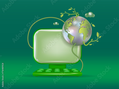 Computer with Internet connection, global business network,
 digital technologies, social network interface, global connect. 3d vector image.