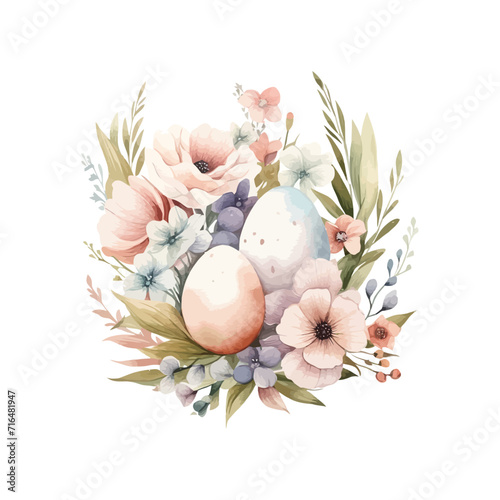 Composition of painted eggs with flowers watercolor. Vector illustration design.