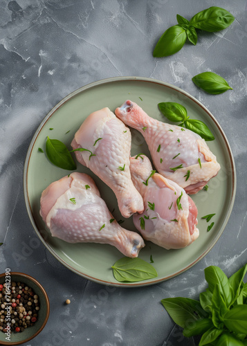 Raw chicken legs on a plate with basil and pepper on a grey background