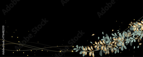 Vector art deco luxury flower, leaves, gold shine line art background. Golden botany banner. Japanese style Hand drawn vector. Line art style design. Hand drawn florals for packaging,coveand wall arts